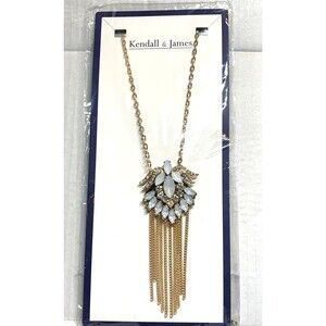 Kendall & James Gold Tone White Rhinestone Leaf Pendant Statement Necklace 15" L